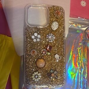 Iphone 14 Pro Max Case Gold Glitter Phone Case with Gemstone Accents